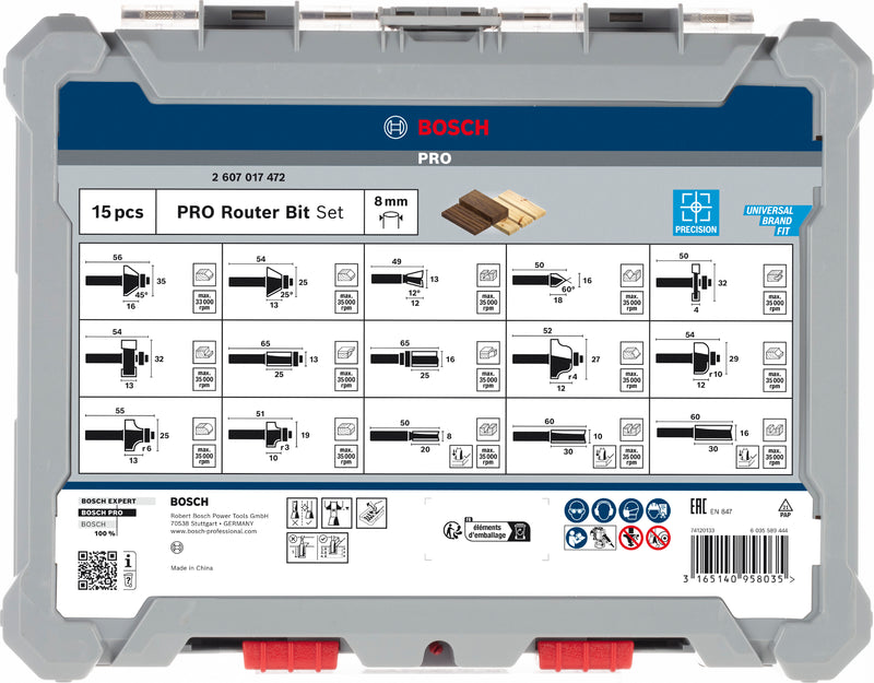 Bosch PRO Router Bit Mixed Set, Shank 8mm, 15