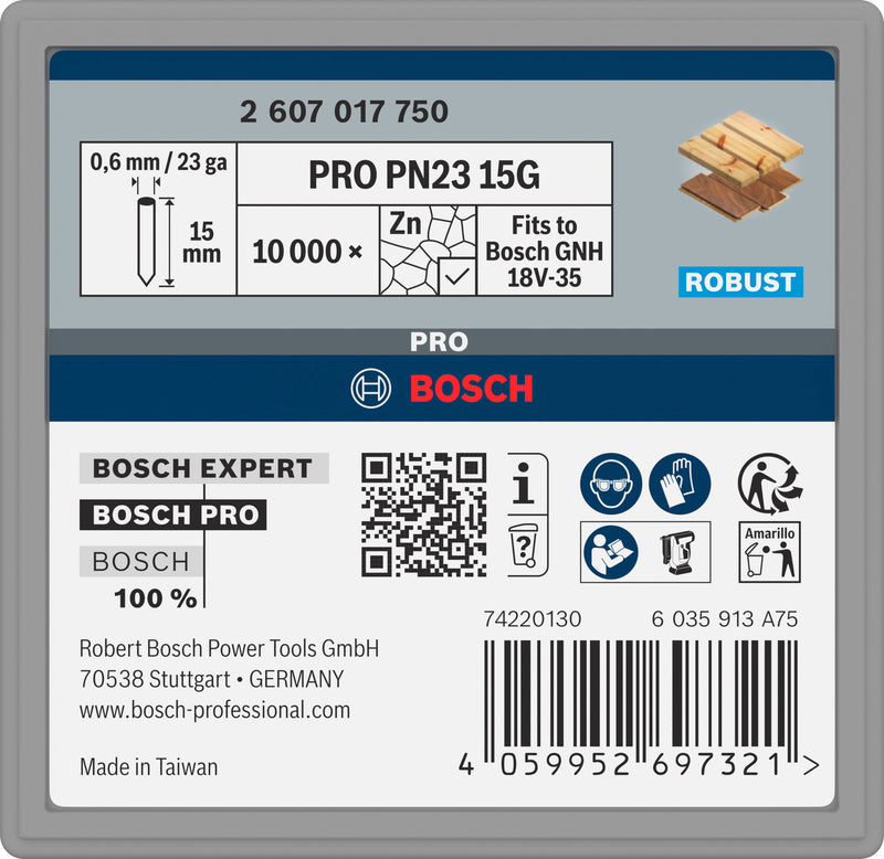 Pinos para aparelhos pneumáticos Bosch Accessories (Pino PRO PN23 G, 0,65/23 g, galvanizado, 15 mm, 10.000 unid.)