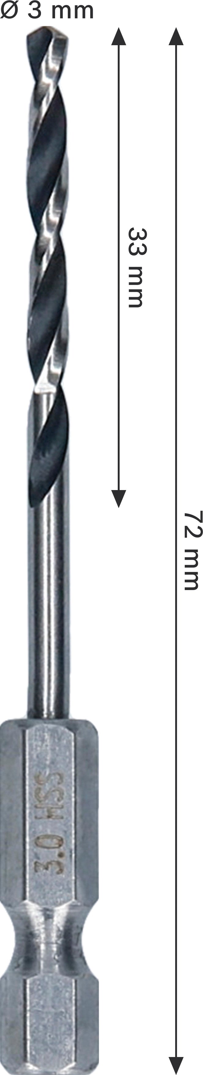 Broca Bosch Accessories (Broca para metal HSS Twist Drill Bit, 3 x 33 x 72 mm, encabadouro HEX 1/4")