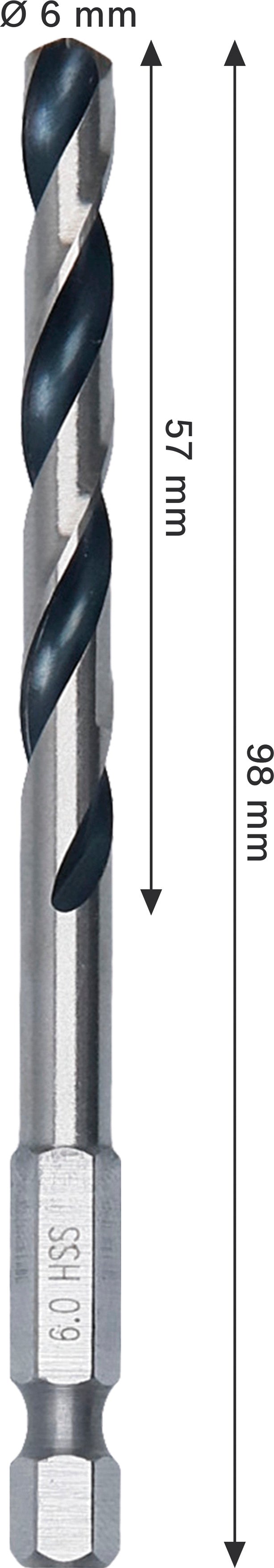 Broca Bosch Accessories (Broca para metal HSS Twist Drill Bit, 6 x 57 x 98 mm, encabadouro HEX 1/4")