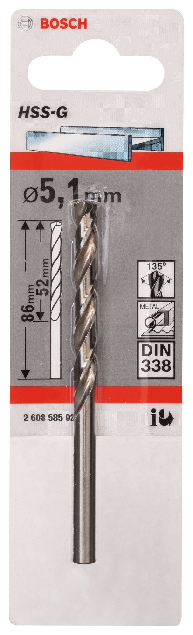 Bosch Metal drills HSS-G, DIN 338 . 5.1 x 52 x 86mm