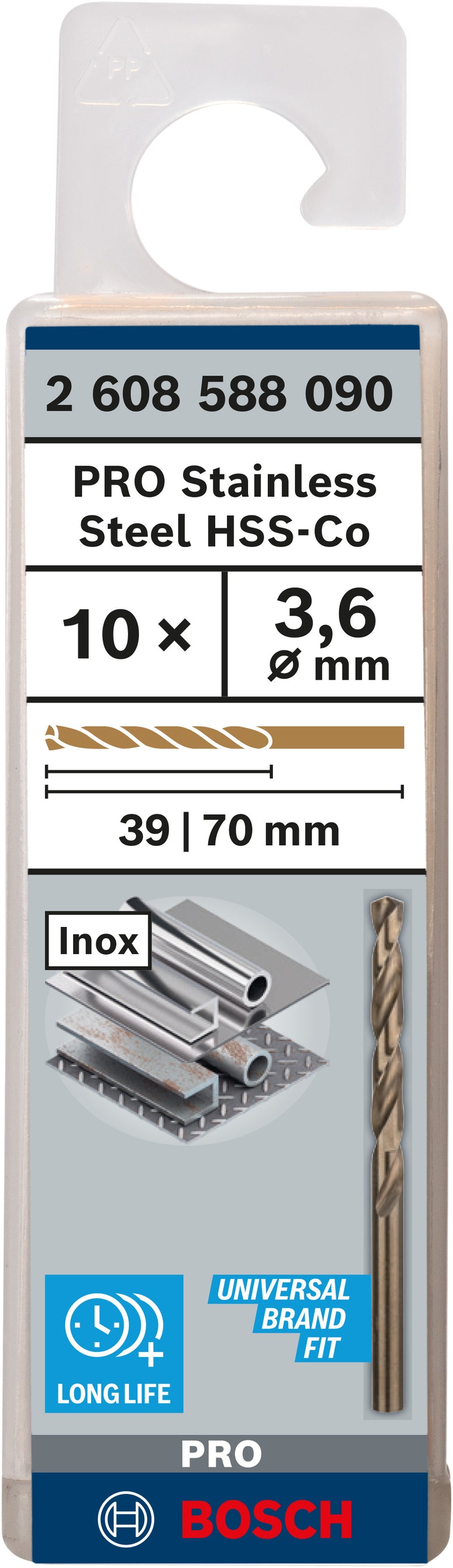Broca para metal Bosch PRO de acero inoxidable HSS-Co, 3,6 x 39 x 70 mm, 10 uds.