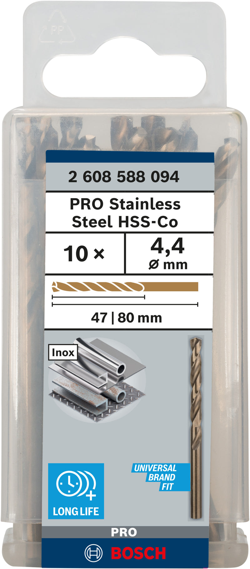 Bosch PRO Stainless Steel HSS-Co metal drill, 4.4 x 47 x 80 mm, 10 pcs.