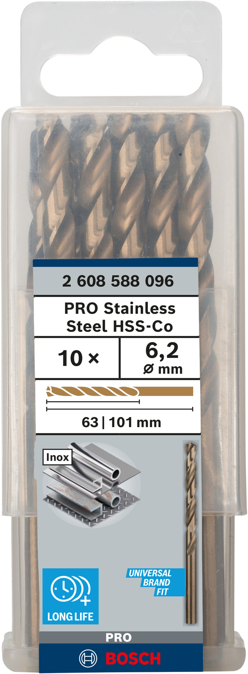 Bosch PRO Stainless Steel HSS-Co metal drill, 6.2 x 63 x 101 mm, 10 pcs.