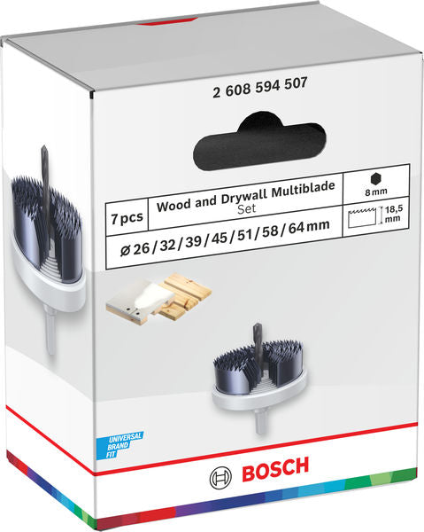 Sierras de corona, juegos de accesorios Bosch (juego de sierras de corona con mango para madera y yeso, 26; 32; 39; 45; 51; 58; 64 x 18,5 mm)