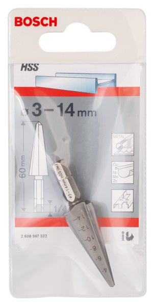 Broca cónica Bosch para chapa metálica, haste hexagonal. 3-14 mm, 60 mm, 1/4"