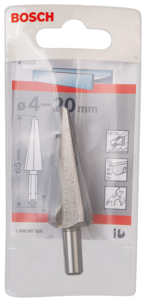 Broca cónica Bosch para chapa metálica, haste hexagonal. 4-20 mm, 65 mm, 1/4"