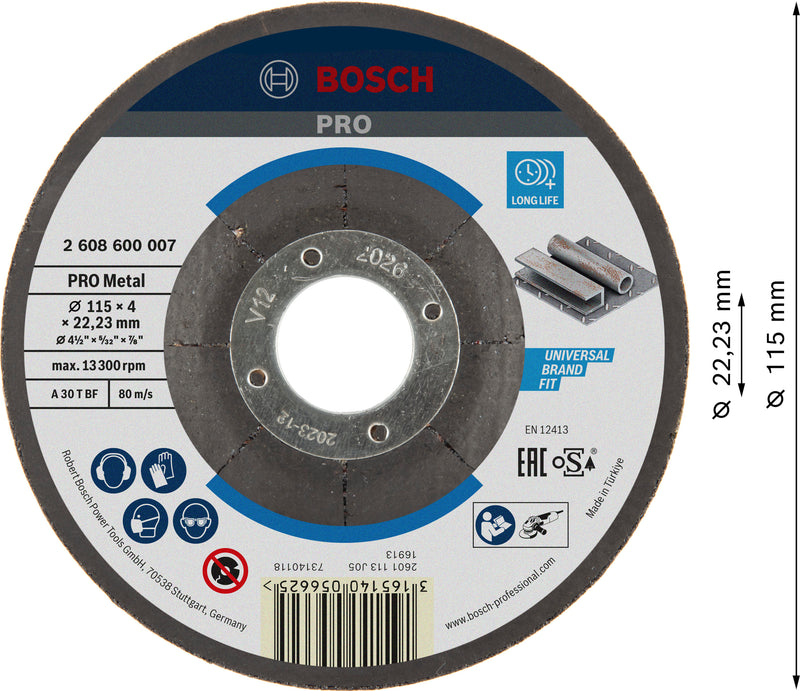 Disco de desbaste con aglomerante metálico Bosch PRO, 115 x 4 x 22,23 mm