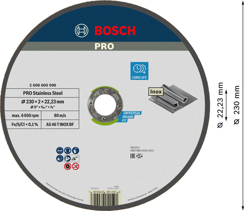 Disco abrasivo Bosch PRO em aço inoxidável, 230 x 2 x 22,23 mm