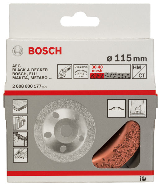 Muela abrasiva de carburo Bosch. 115 x 22,23 mm; fina y plana.