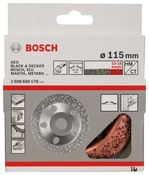Muela abrasiva de carburo tipo copa Bosch. 115 x 22,23 mm; gruesa, sesgada
