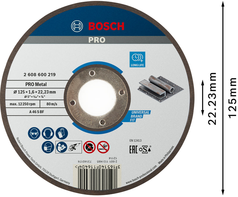 Bosch PRO Metal Bonded Abrasive Cutting Disc, 125 x 1.6 x 22.23 mm, oSa
