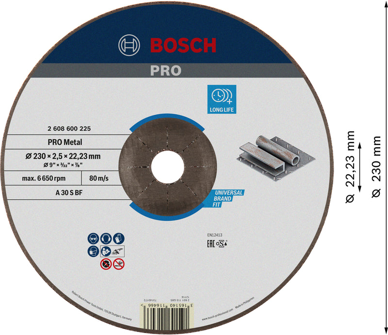 Disco de corte abrasivo com liga metálica Bosch PRO, 230 x 2,5 x 22,23 mm, oSa