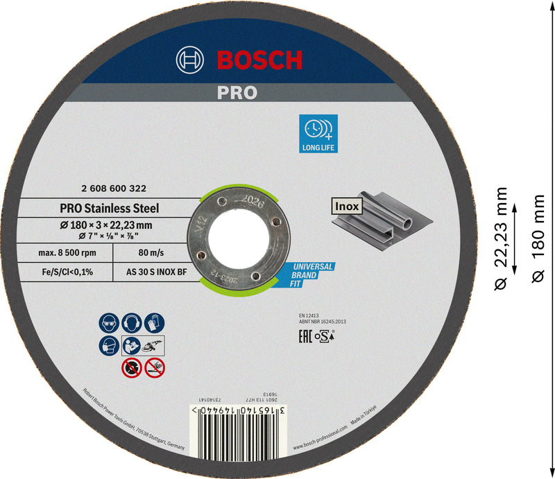 Bosch PRO Stainless Steel abrasive disc, 180 x 3 x 22.23 mm