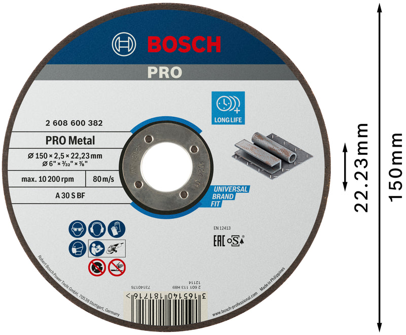 Disco de corte abrasivo com liga metálica Bosch PRO, 150 x 2,5 x 22,23 mm, oSa