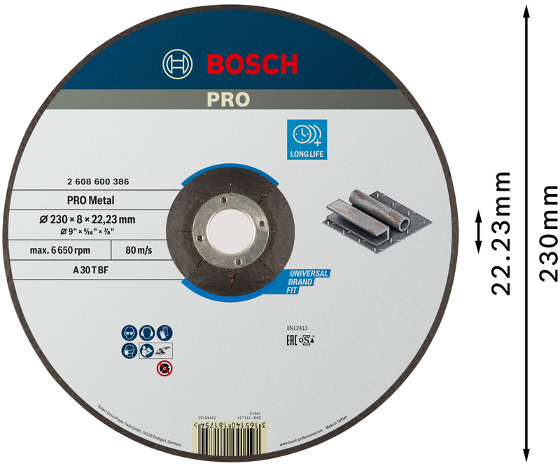 Disco de desbaste Bosch PRO Metal Bonded, 230 x 8 x 22,23 mm