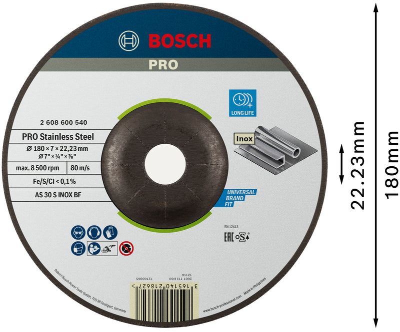 Bosch PRO Stainless Steel Grinding Disc, 180 x 6 x 22.23 mm