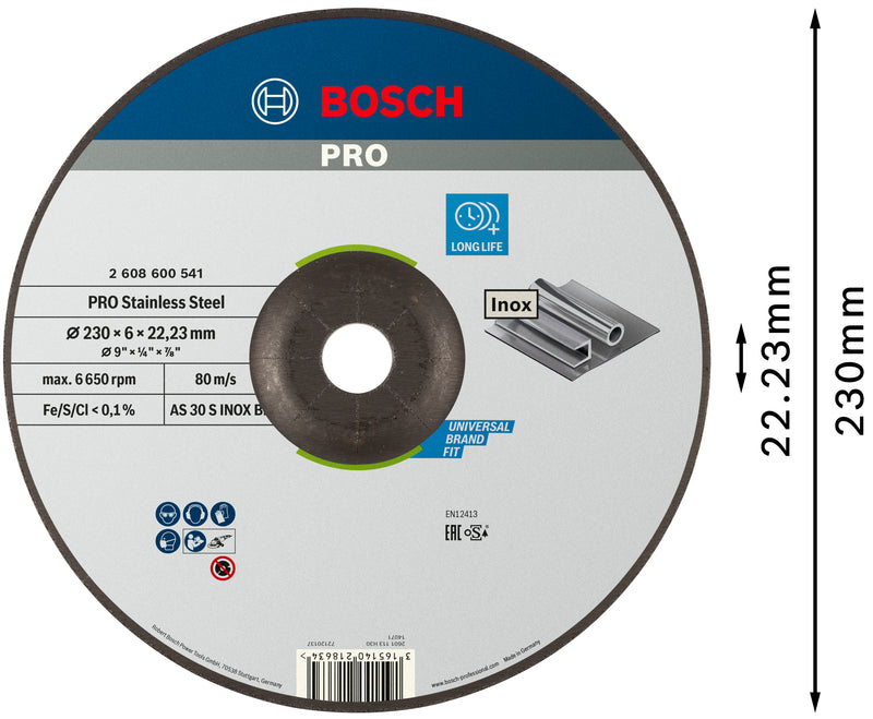 Bosch PRO Stainless Steel Grinding Disc, 230 x 6 x 22.23 mm