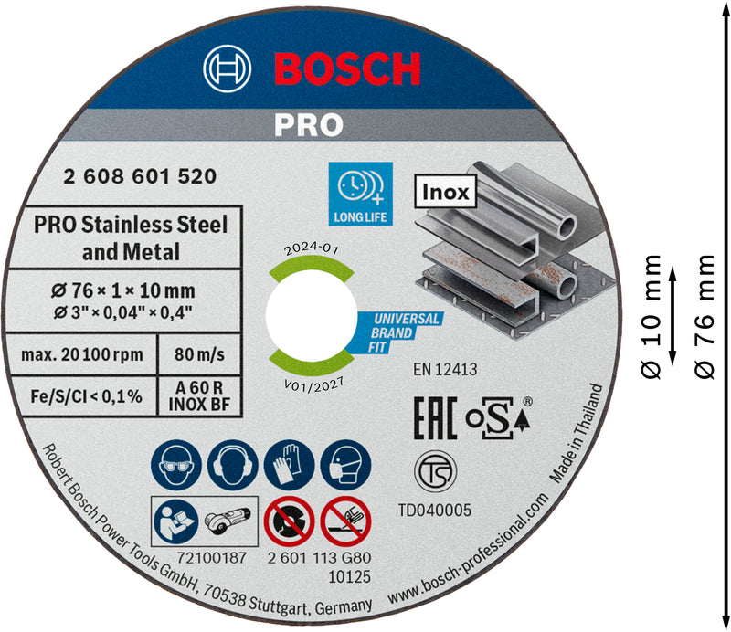 Disco de lijado Bosch, 76 x 1,0 x 10 mm, acero inoxidable, 5 unidades