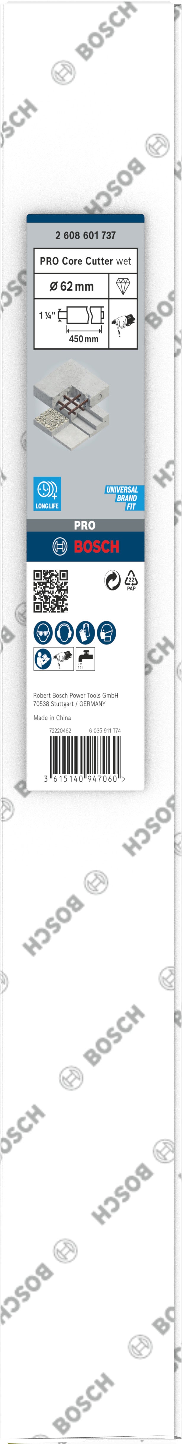 Fresa de núcleo diamantada Bosch ø62x450mm, 1 1/4"