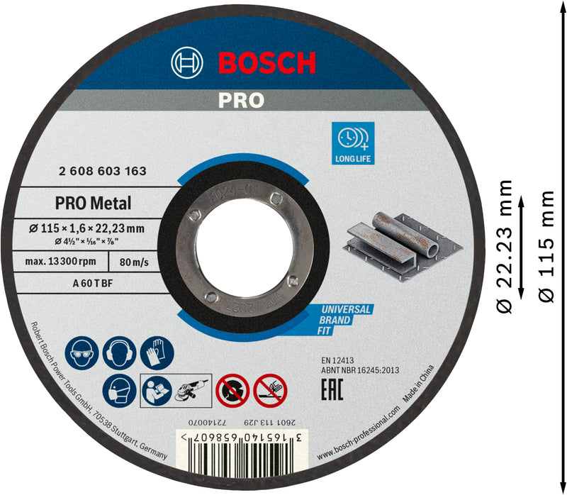Disco abrasivo con aglomerante metálico Bosch PRO, 115 x 1,6 x 22,23 mm