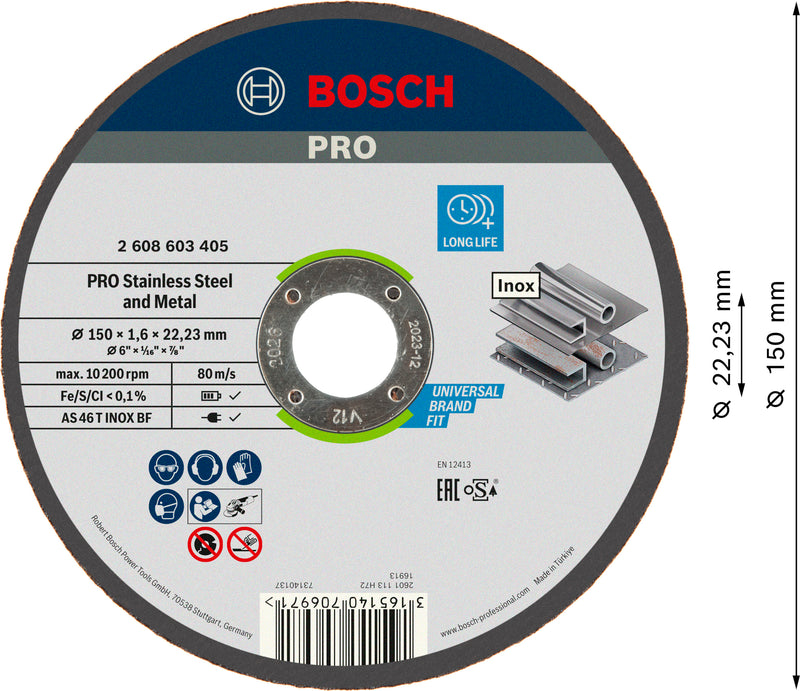 Disco abrasivo de corte Bosch PRO em aço inoxidável e metal aglomerado, 150 x 1,6 x 22,23 mm, reto, oSa