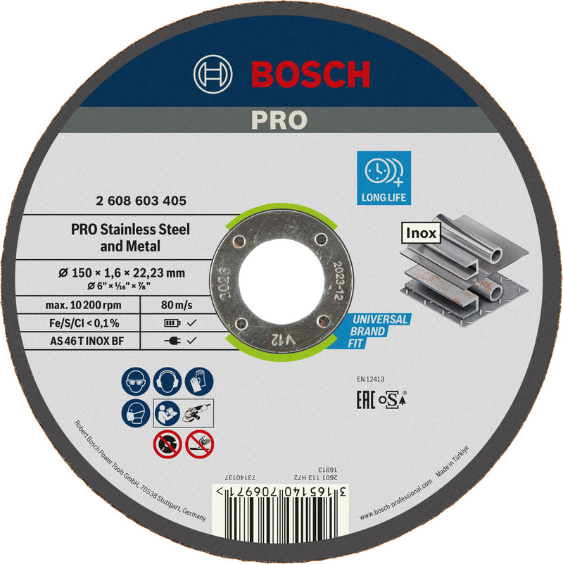 Disco abrasivo de corte Bosch PRO em aço inoxidável e metal aglomerado, 150 x 1,6 x 22,23 mm, reto, oSa