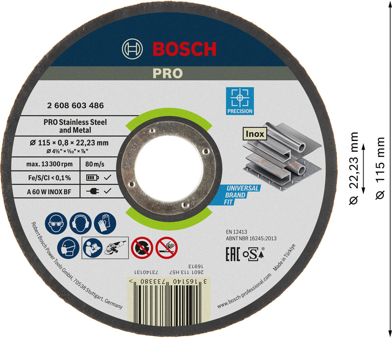 Disco abrasivo Bosch PRO para acero inoxidable y metal, 115 x 0,8 x 22,23 mm