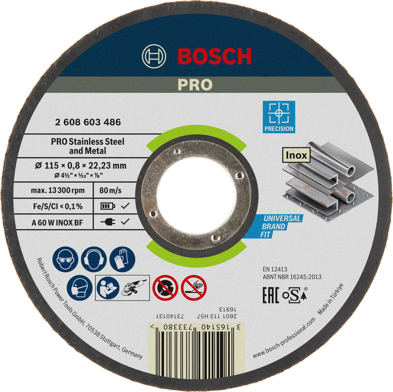 Disco abrasivo Bosch PRO para acero inoxidable y metal, 115 x 0,8 x 22,23 mm