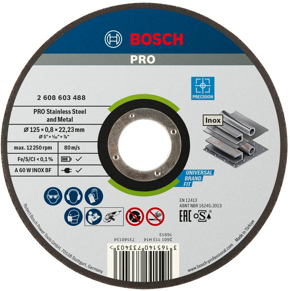 Bosch PRO Stainless Steel and Metal Bonded Cutting Abrasive Disc, 125 x 0.8 x 22.23 mm, Straight