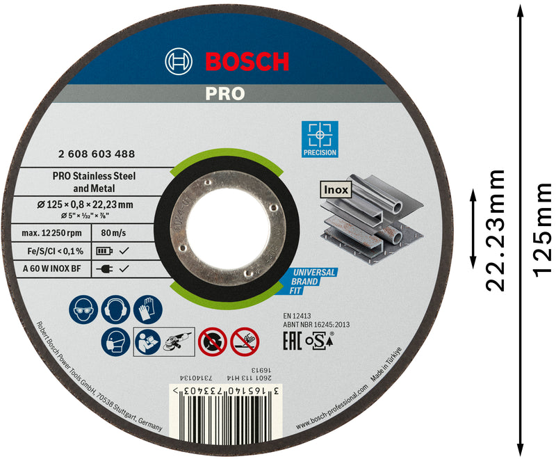 Bosch PRO Stainless Steel and Metal Bonded Cutting Abrasive Disc, 125 x 0.8 x 22.23 mm, Straight