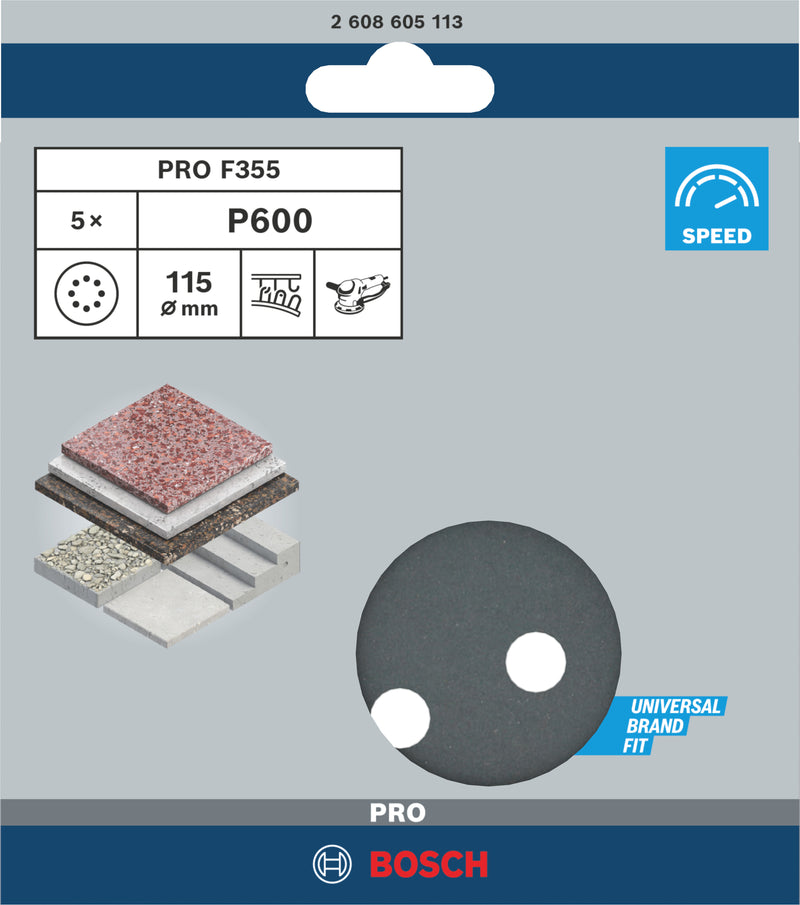 Disco de lixa Bosch PRO F355, 115 mm, G600, 5 unid.