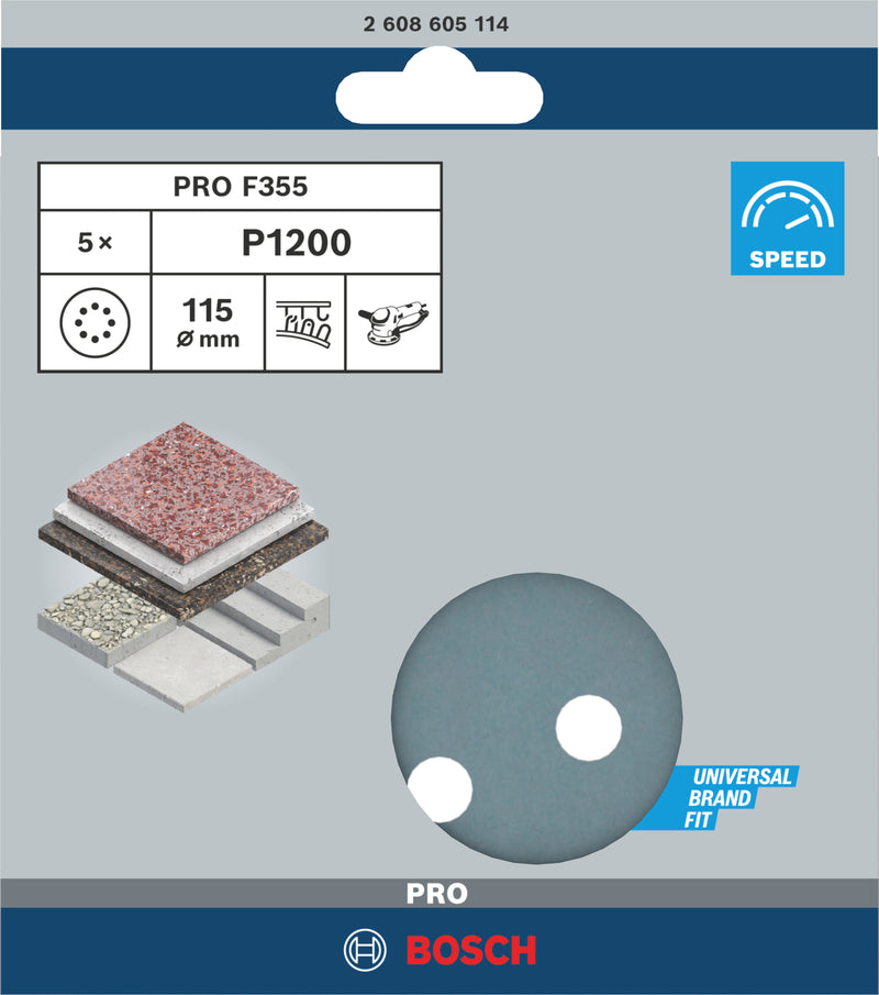 Disco de lixa Bosch PRO F355, 115 mm, G1200, 5 unid.