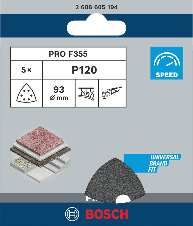Bosch PRO F355 Sanding Sheet, 93 mm, G120, 5 pcs.