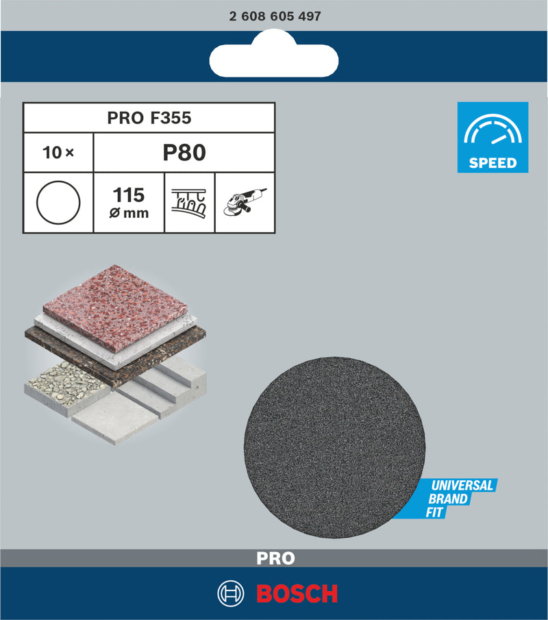 Bosch PRO F355 sanding disc, 115 mm, G80, 10 pcs.