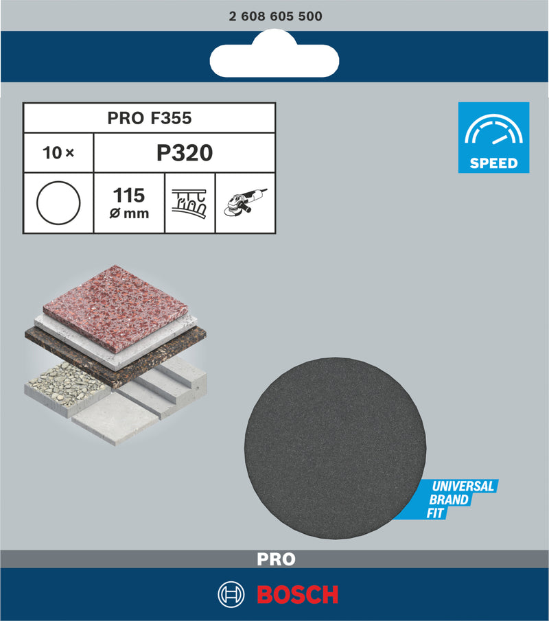 Folha de lixa Bosch PRO F355, 115 mm, G320, 10 unid.
