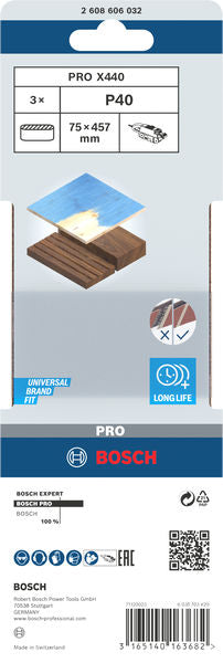 Banda de lija Bosch BfWP, 75 x 457 mm, G40, 3 unidades