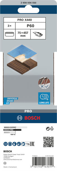 Banda de lija Bosch BfWP, 75 x 457 mm, G60, 3 unidades