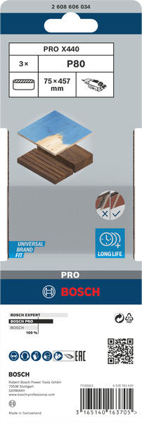 Banda de lija Bosch BfWP, 75 x 457 mm, G80, 3 unidades