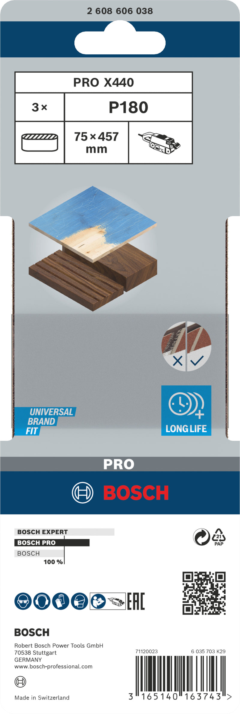 Banda de lija Bosch BfWP, 75 x 457 mm, G180