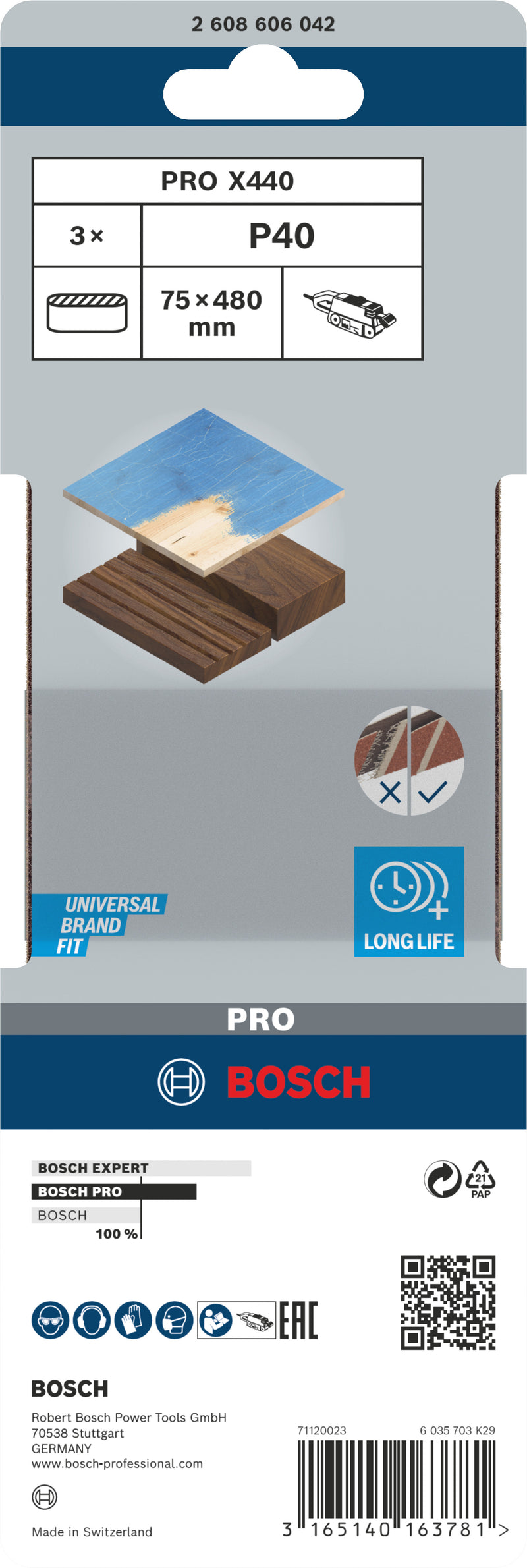 Cinta de lixa Bosch BfWP, 75x480mm, G40, 3x