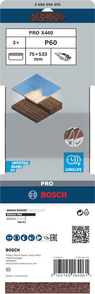 Banda de lija Bosch BfWP, 75 x 533 mm, G60, 3 unidades