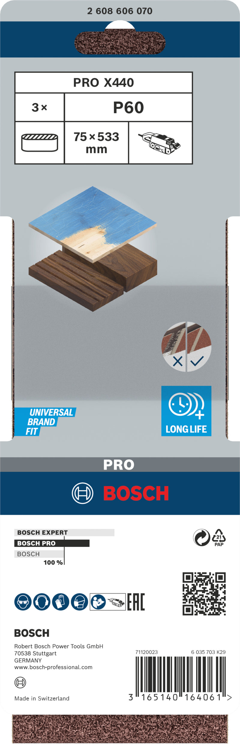 Banda de lija Bosch BfWP, 75 x 533 mm, G60, 3 unidades