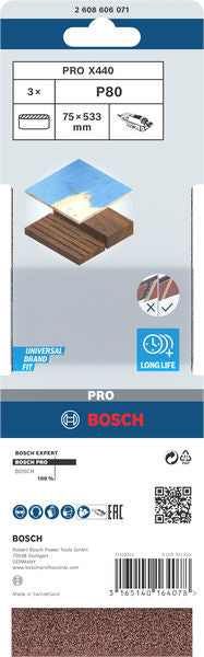 Banda de lija Bosch BfWP, 75 x 533 mm, G80, 3 unidades