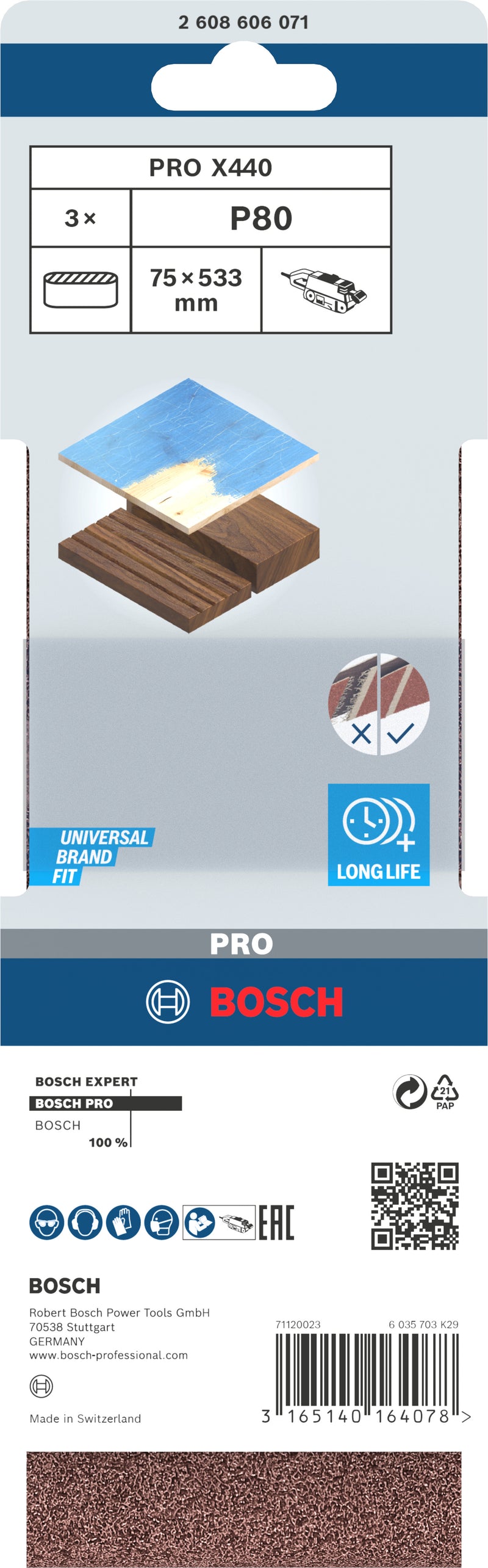 Banda de lija Bosch BfWP, 75 x 533 mm, G80, 3 unidades