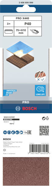 Banda de lija Bosch BfWP, 75 x 610 mm, G40, 3 unidades
