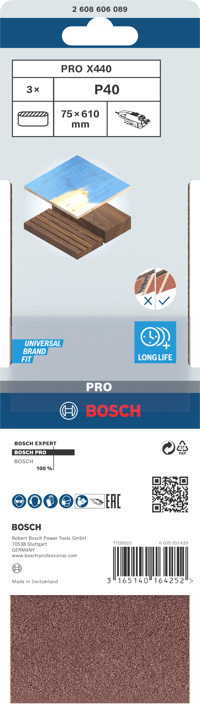 Banda de lija Bosch BfWP, 75 x 610 mm, G40, 3 unidades