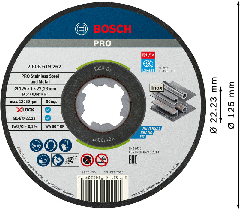 Bosch Accessories Grinding and Cutting Discs (PRO Stainless Steel and Metal Bonded Abrasive Cutting Disc, 125 x 1 x 22.23 mm, X-Lock, flat, 10 units)