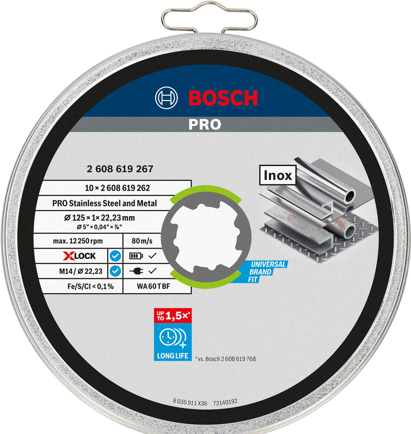 Bosch Accessories Grinding and Cutting Discs (PRO Stainless Steel and Metal Bonded Abrasive Cutting Disc, 125 x 1 x 22.23 mm, X-Lock, flat, 10 units)