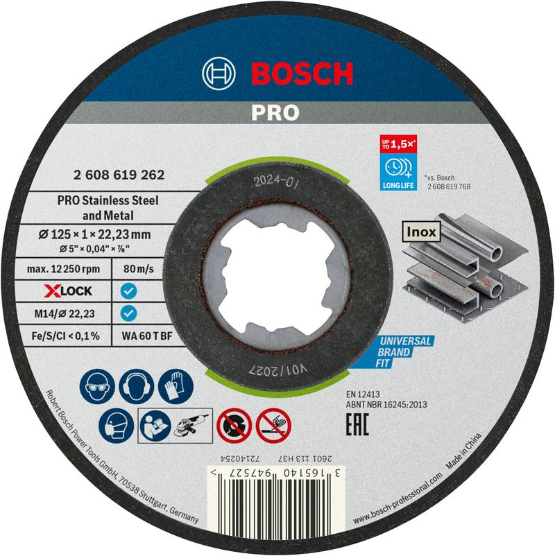 Bosch Accessories Grinding and Cutting Discs (PRO Stainless Steel and Metal Bonded Abrasive Cutting Disc, 125 x 1 x 22.23 mm, X-Lock, flat, 10 units)